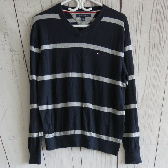 Tommy Hilfiger Cotton Blend Stripe Long Sleeve V Neck Sweater - Size Large - Picture 1 of 6